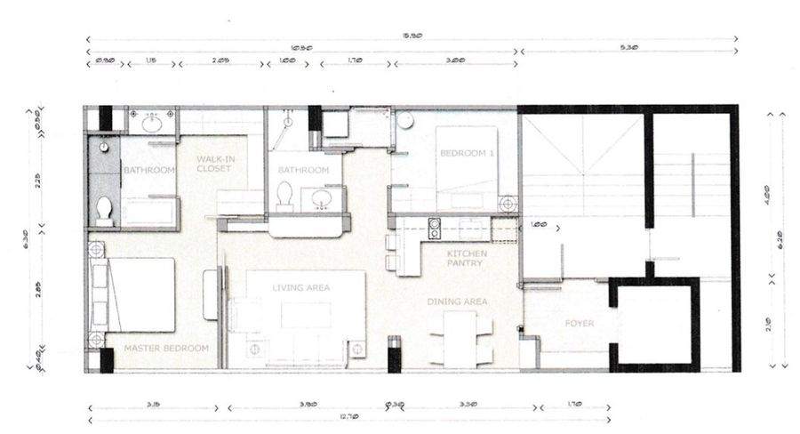 Floor plan of the 80 sqm two bedroom apartment showing the foyer, dining area, kitchen, living area, master bedroom with walk in closet, second bedroom and two bathrooms