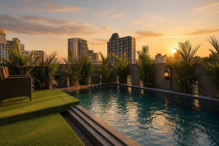 The rooftop swimming pool at The Elite Thong Lor 25 at sunset, with palms along the wall and the Sukhumvit skyline beyond