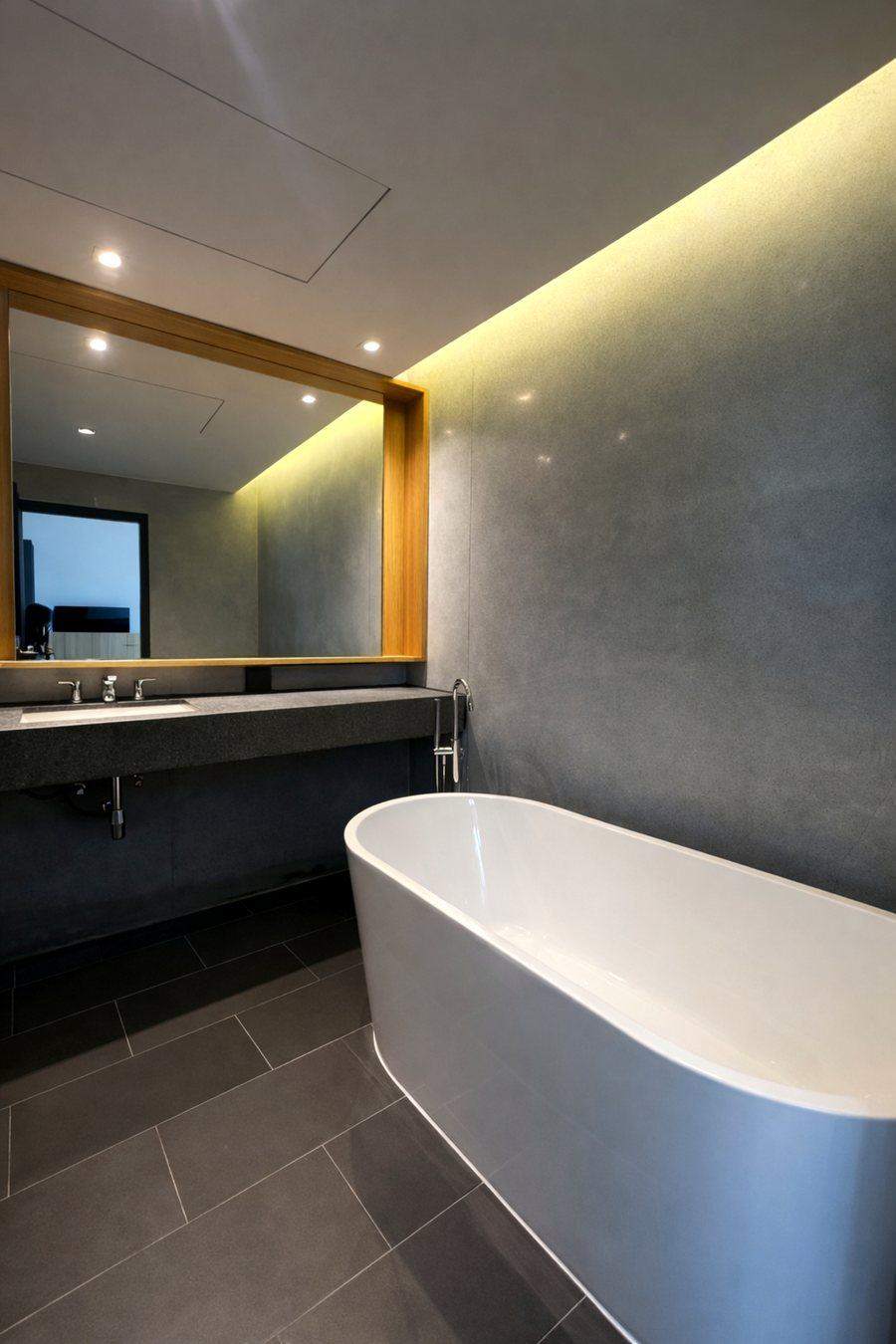 A bathroom at The Elite @ Pattaya with a freestanding bath, a stone vanity and a long oak framed mirror