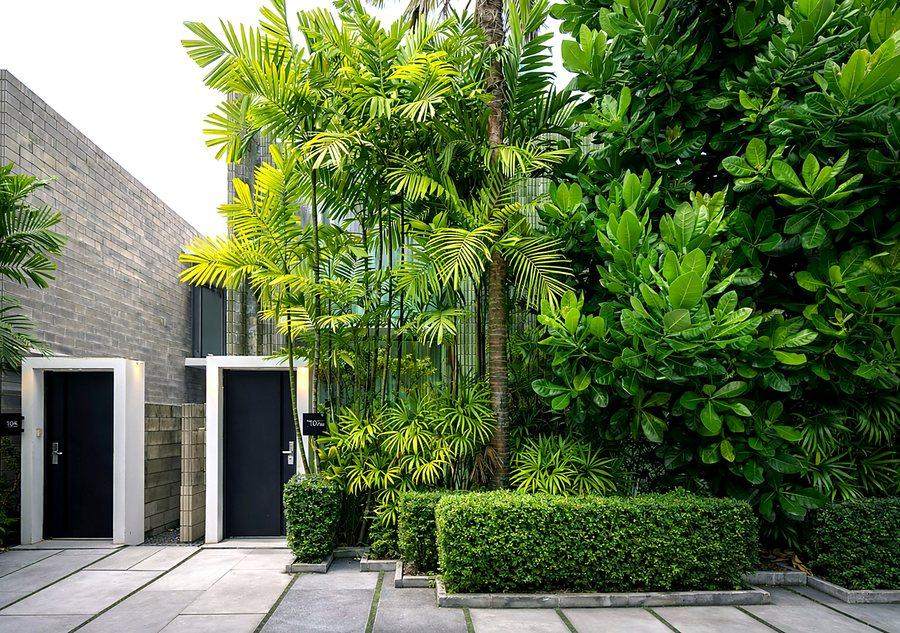 The entrance doors of The Elite @ Pattaya set into a stone wall with tropical planting either side